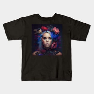 Girl with blue hair and flowers Kids T-Shirt